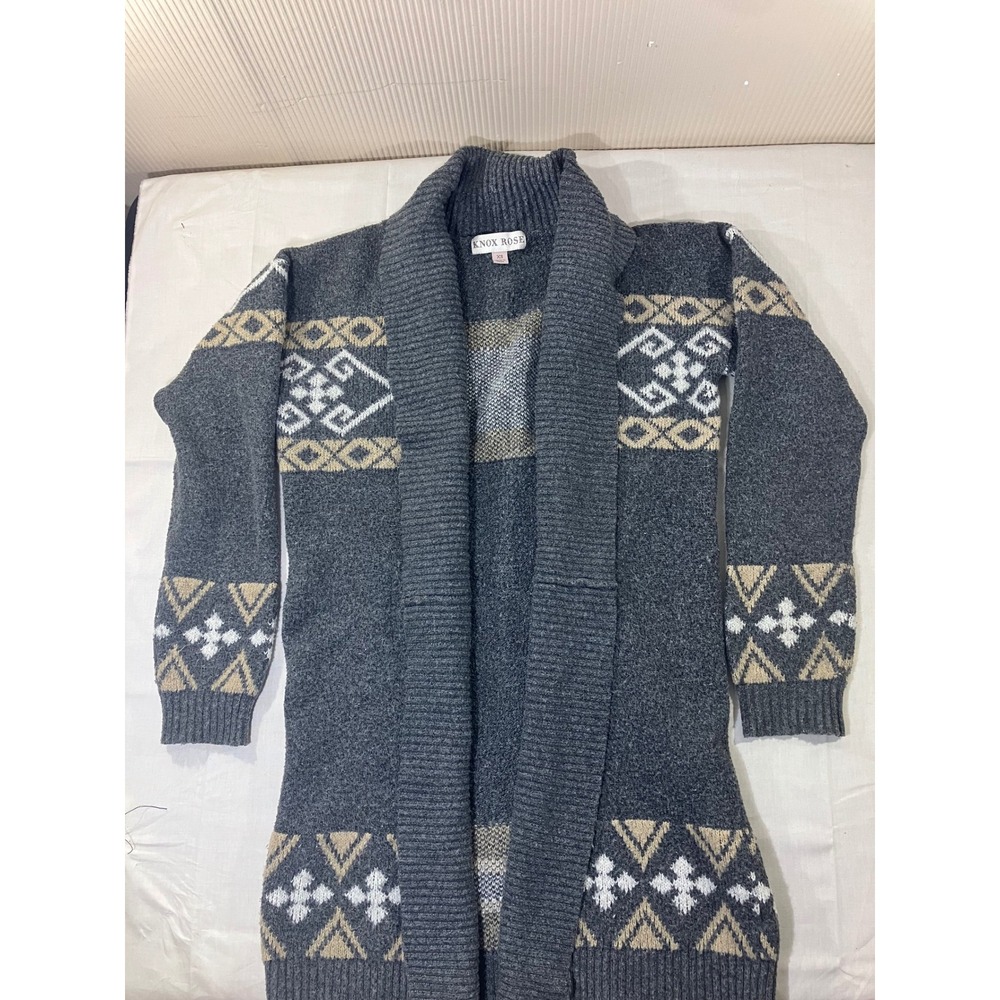 Knox Rose Womens XS Gray Cardigan Open Front Nordic Fair Isle Sweater‎ Knit